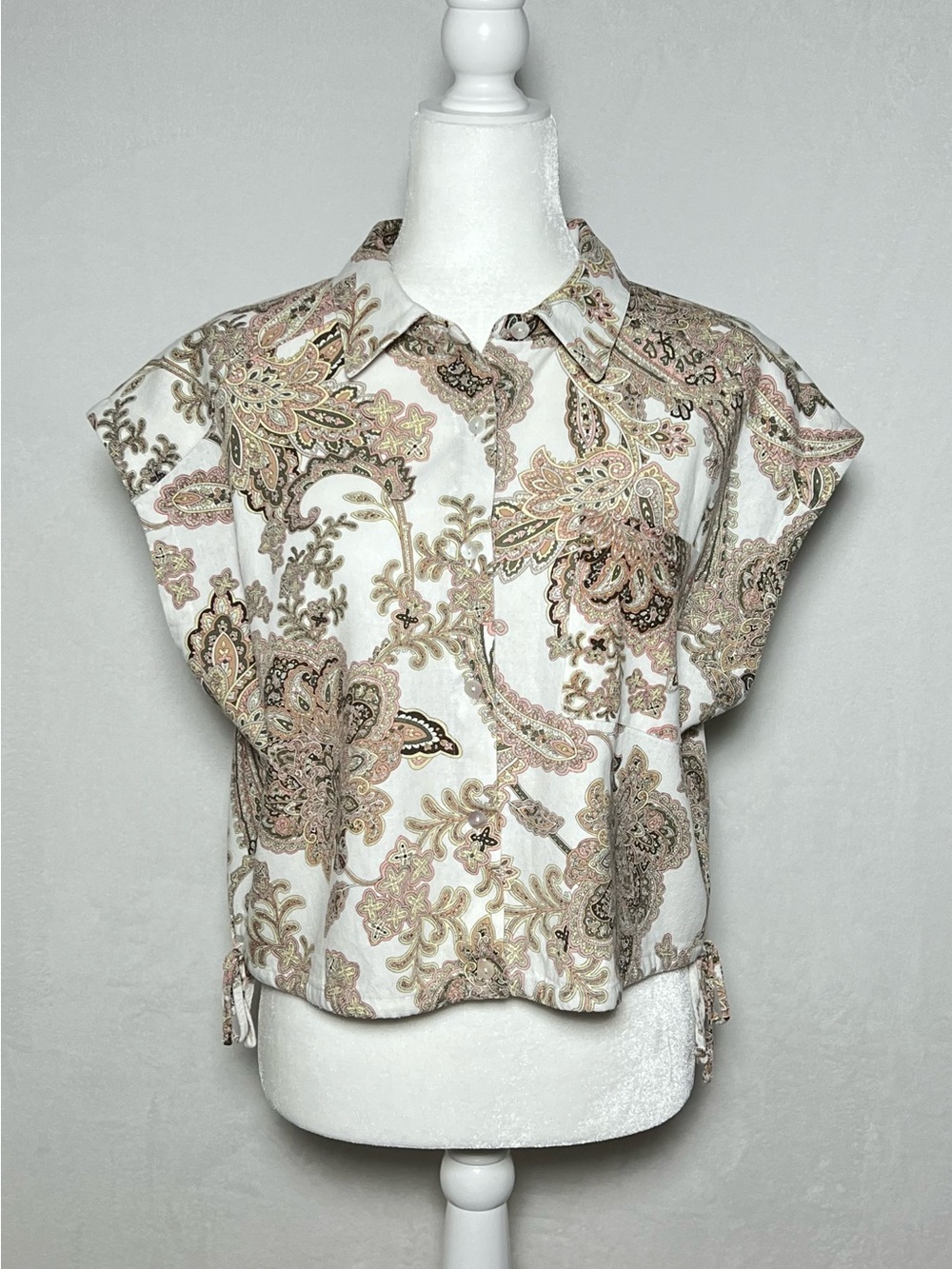*NWOT* ELLEN TRACY Paisley Cap Sleeve Linen Blend Button Front Camp White Multi